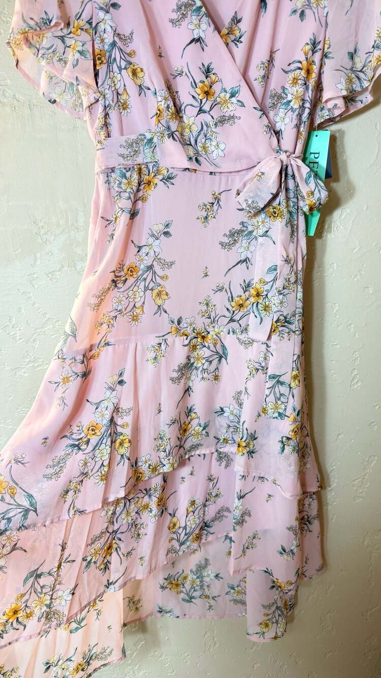 TACERA Pink Floral Print Ruffled Wrap High-Low Midi Dress